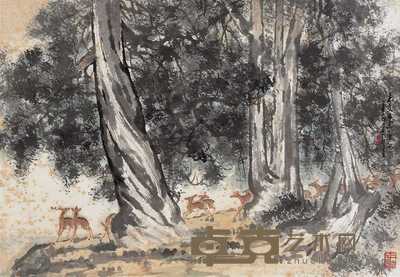 杨建侯 辛酉(1981年)作 柏鹿图 镜心 43×62.5cm